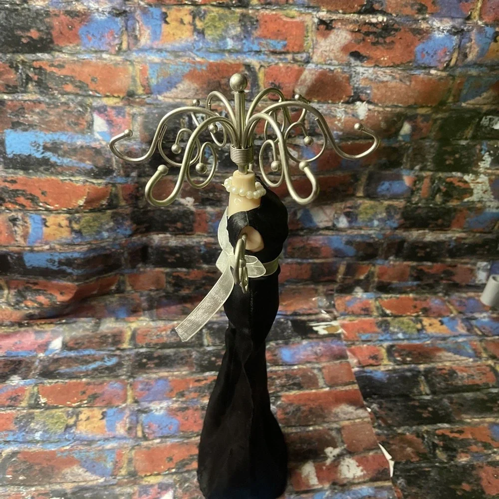 Dress Form Hanging Jewelry Stand Black/Silver Metal & Fabric 15 Inches Tall